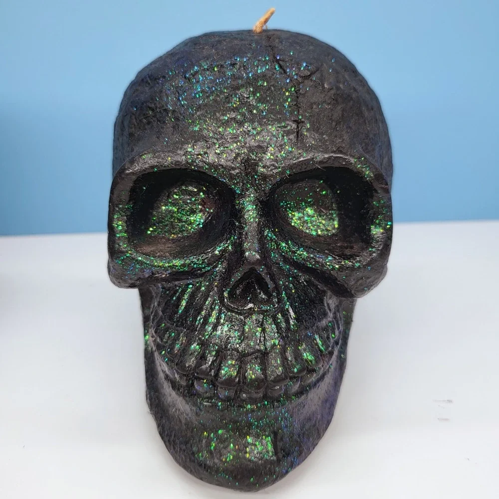 Halloween Skull Candles • Glitter Skull Candle Set • Green • 4.75
